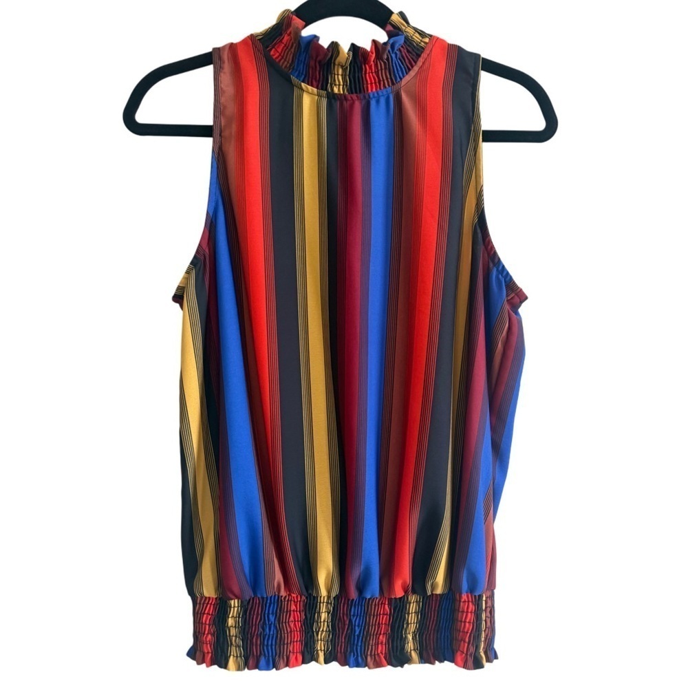 NWT Evereve Allison Joy Striped Modern Silky Ruffled Mock Neck Tank Top Medium